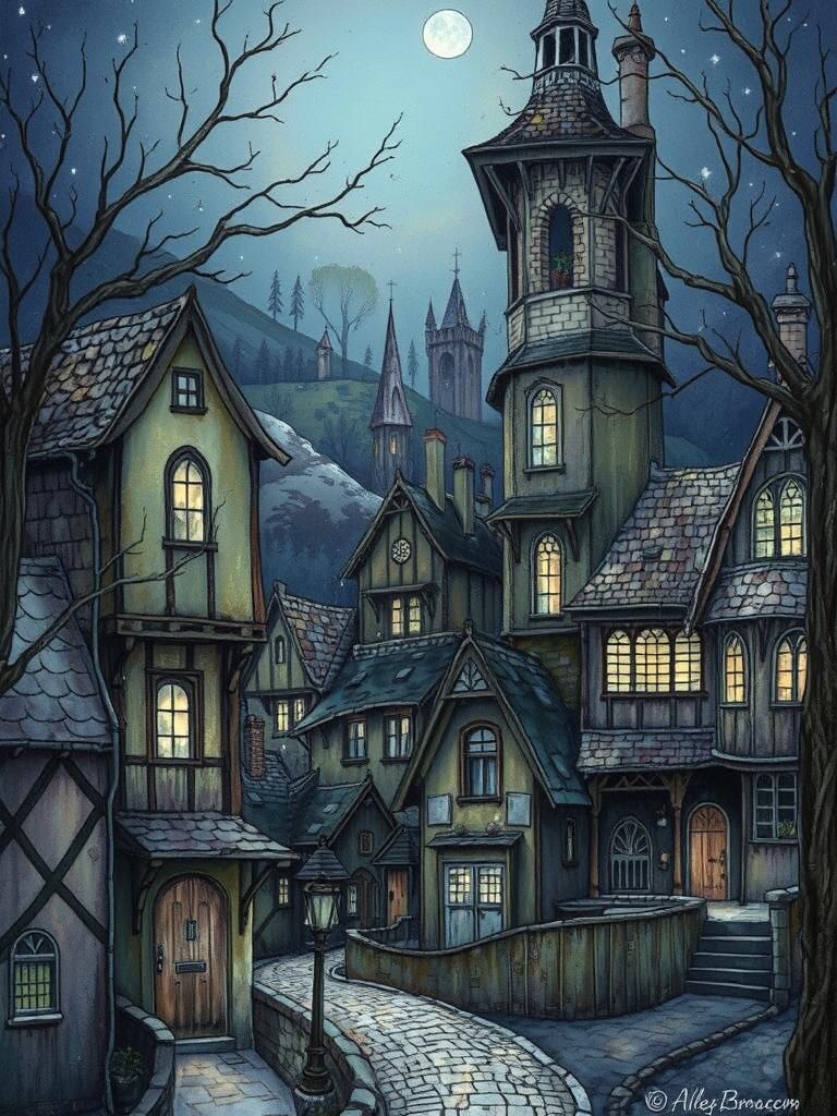 Whimsical village on a hill, bright moon