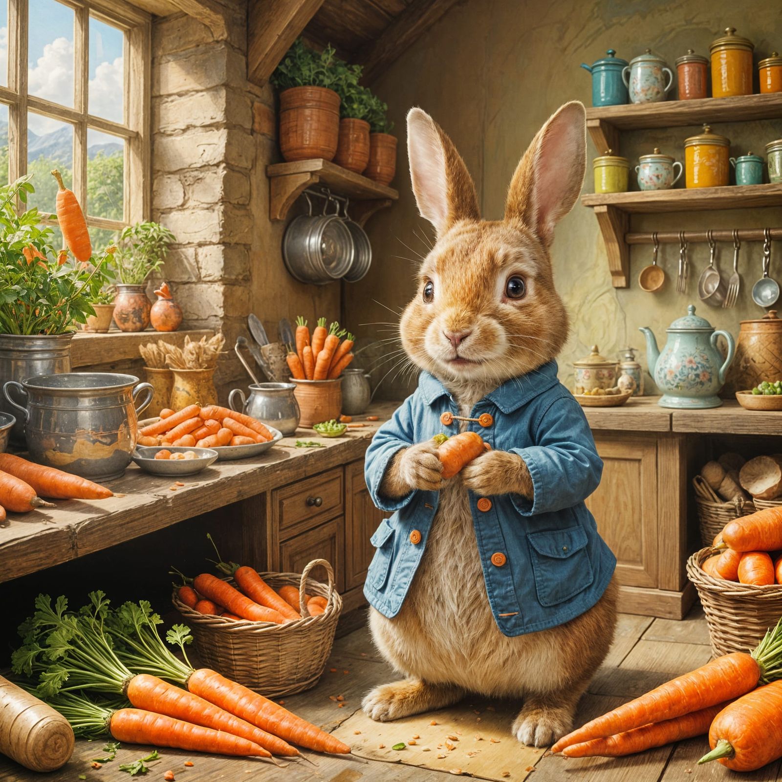Peter Rabbit in a Cozy Gouache Kitchen Scene