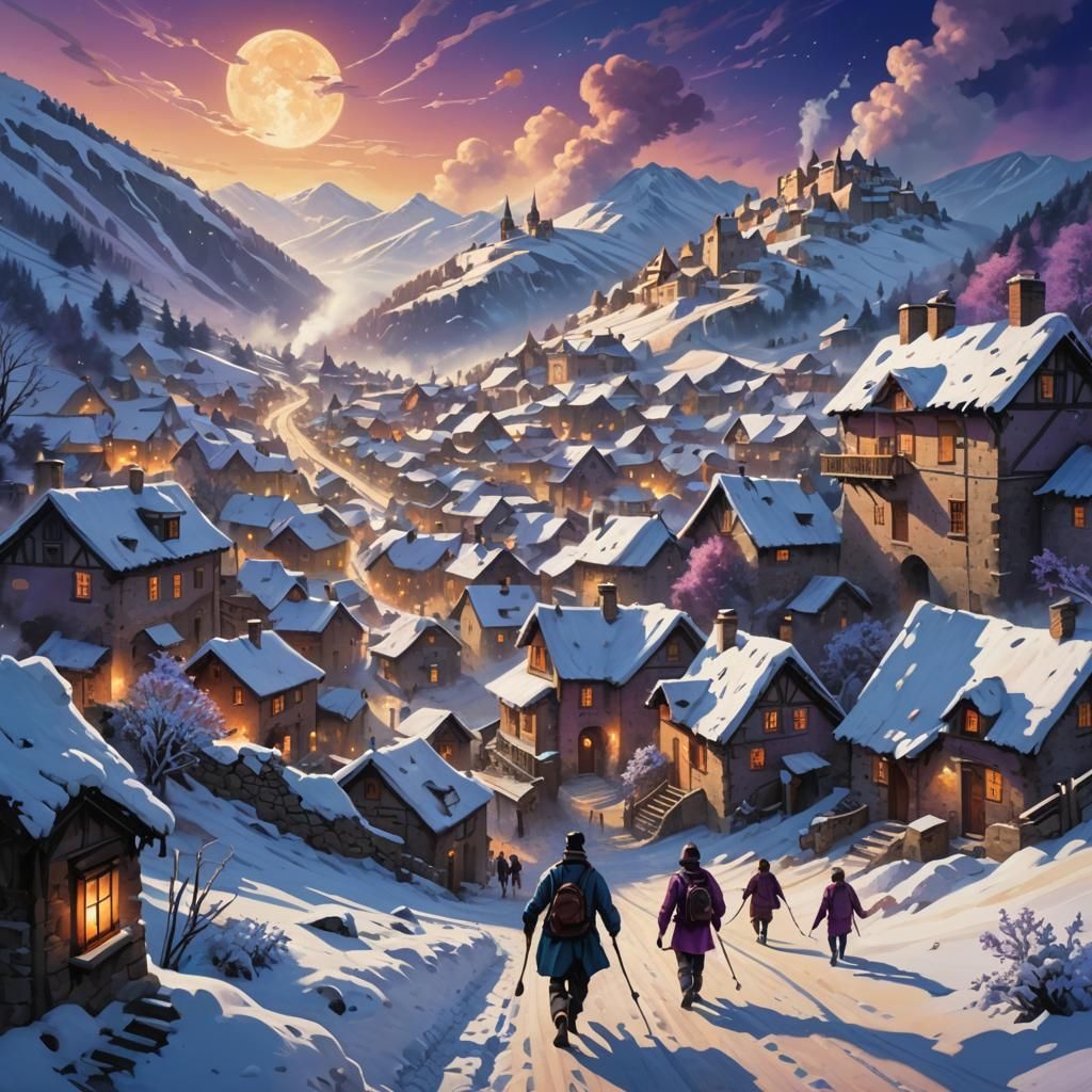 Snowy Village in Valley: Hyperrealistic Splash Art