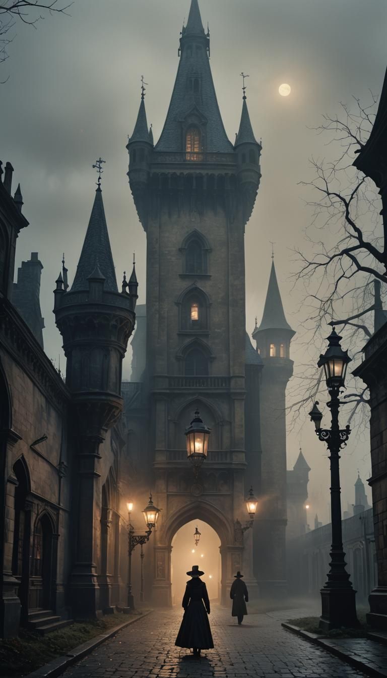 Victorian Woman in Gothic Castle: Dark Fantasy Scene