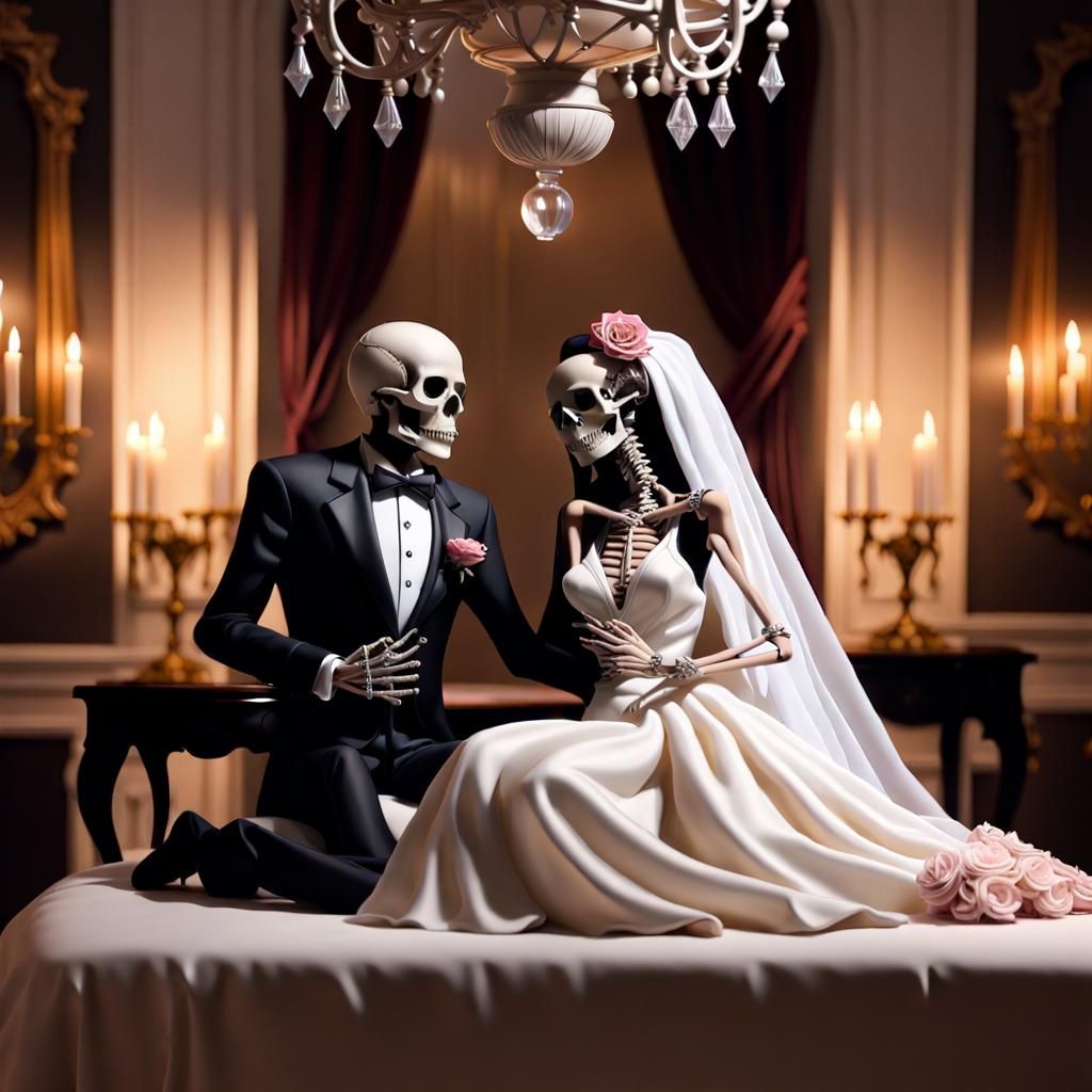 Male and female skeletons bride and groom, wearing tuxedo and wedding gown. They are locked in passionate embrace on a b...