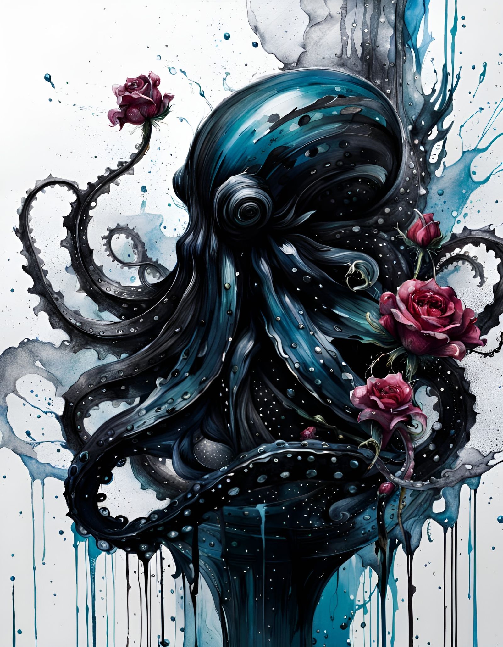 Kraken and Black Rose in Glass Vase