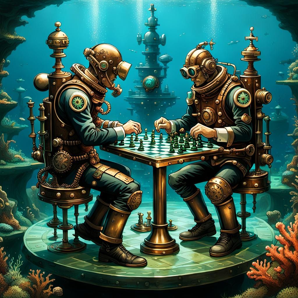 Steampunk divers seated across a riveted metal table, engage...