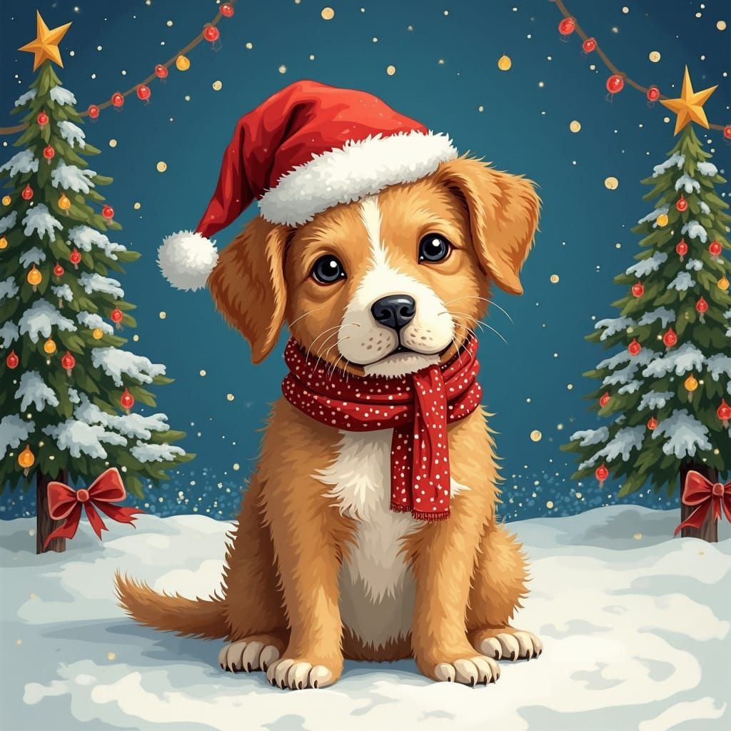 Festive Dog in Winter Wonderland, Illustration Style