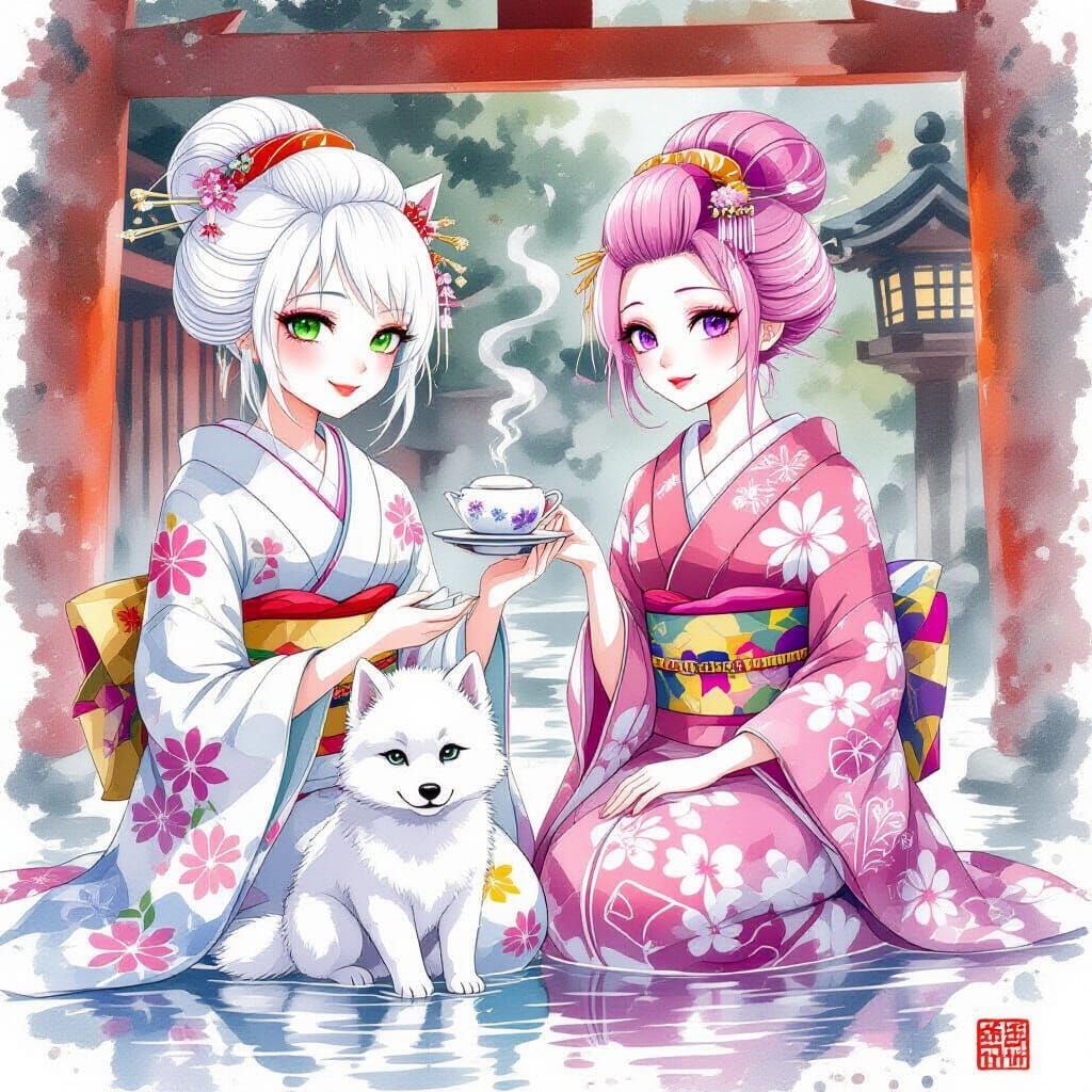 Geishas Serving Tea with Wolf Pup, Watercolor Style