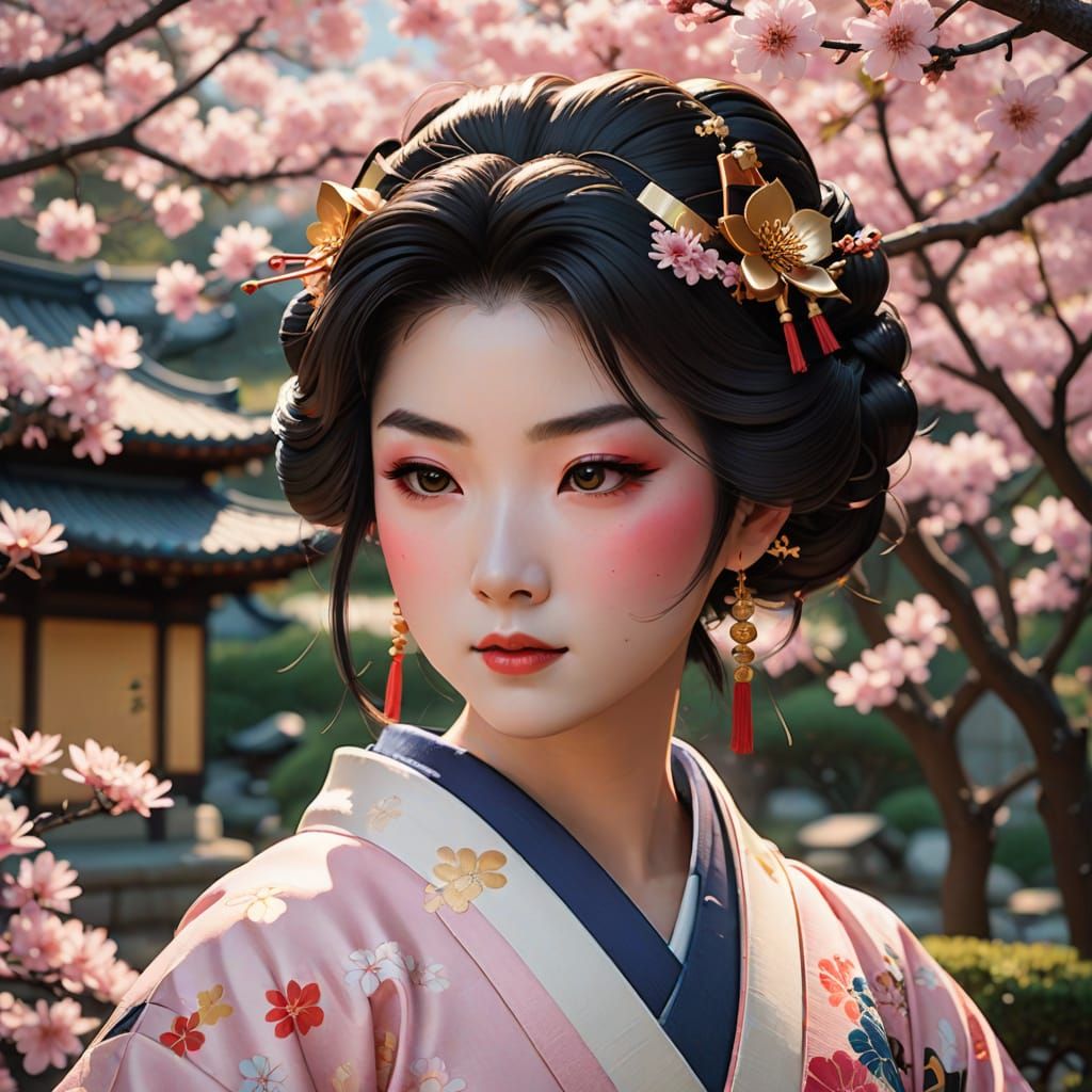 Serene Geisha Composing Haiku in Lush Kyoto Garden