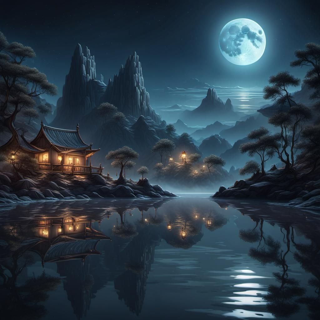 Tranquil Moonlit Landscape with Water Reflections