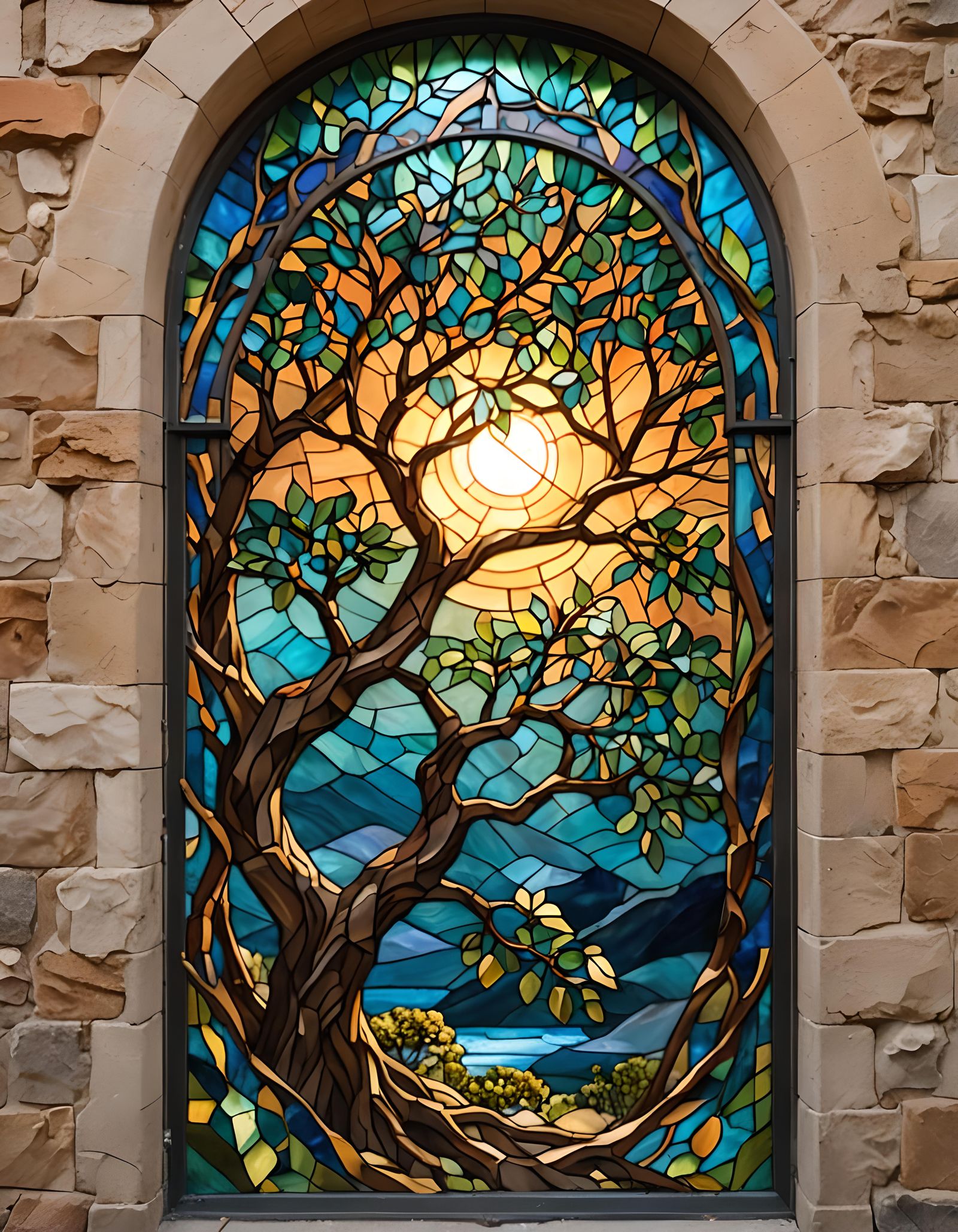 Stained-Glass Eucalyptus Tree in Sunlight