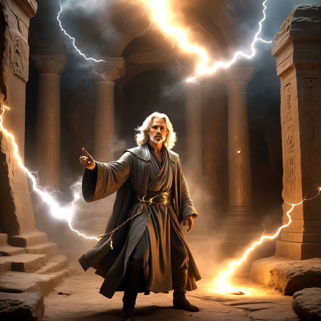 Handsome Wizard Casting Lightning Spell in Tomb