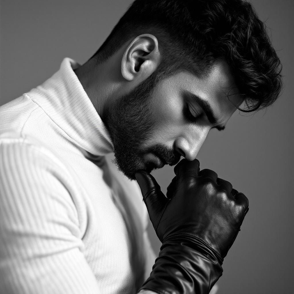 Pensive Indian Man in Black and White Photo