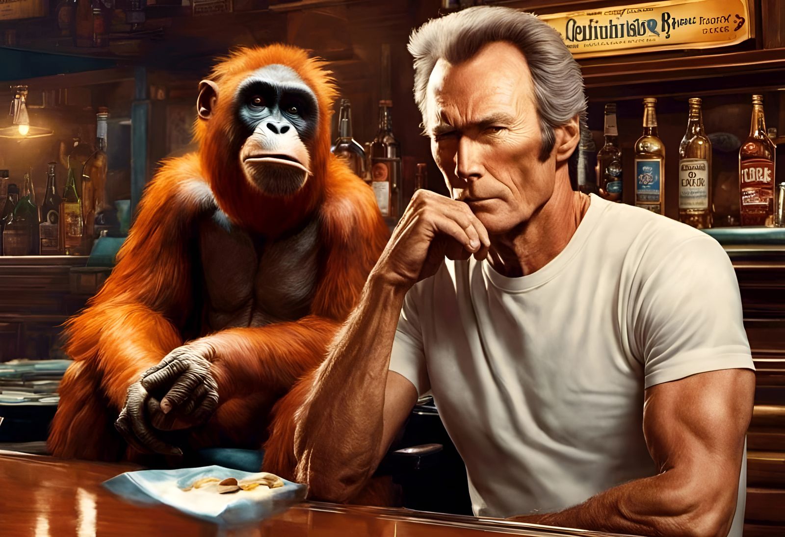 Clint Eastwood with Orangutan: Hyperrealistic Cinematic Port...