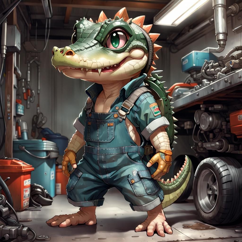 Chibi Biopunk Alligator Mechanic in Manga Style