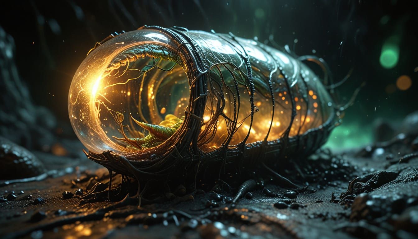 Ethereal Alien Cocoon in Amber and Green Glow