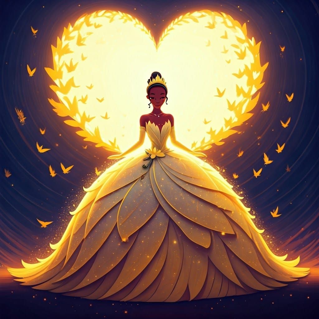 Princess Tiana's Sparkling Bird Dress: A Cartoon Painting