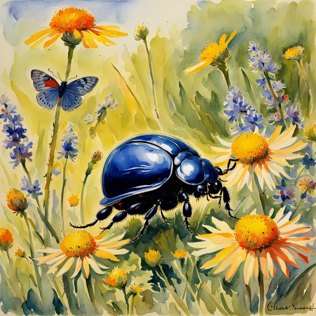 Dung Beetle Rolls Ball in Monet-Style Watercolor