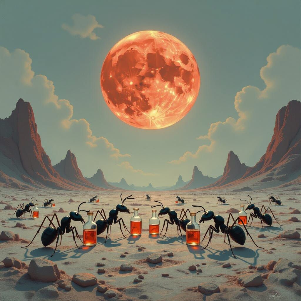 Surreal Moonscape: Ants Drink Under Crimson Lemon Moon