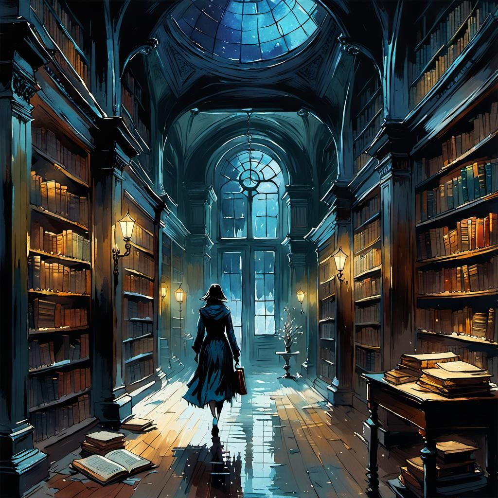 Eerie Girl in Old Library: Watercolor Splash Art