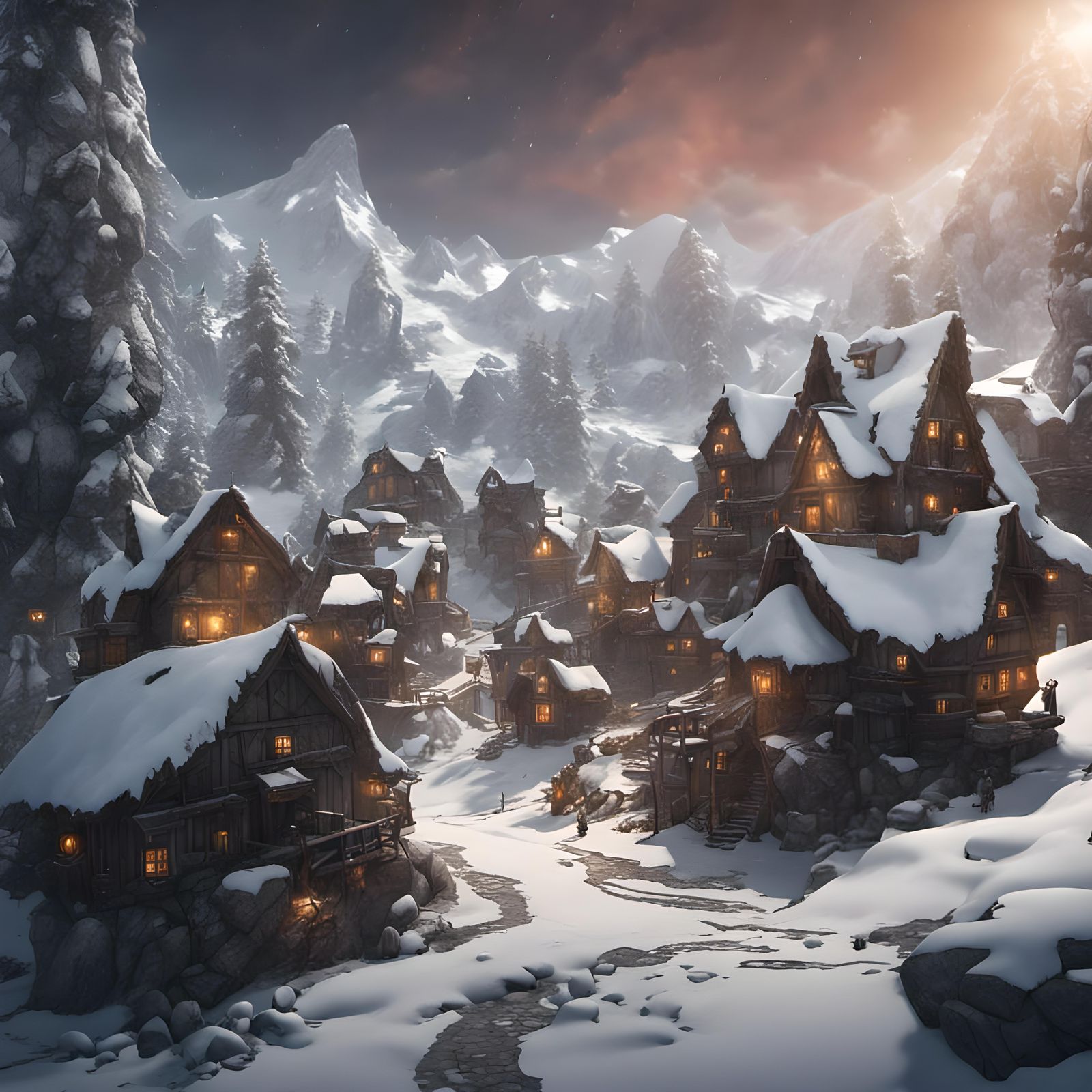 Ogre Village in Snowy Mountains: Detailed Matte Painting