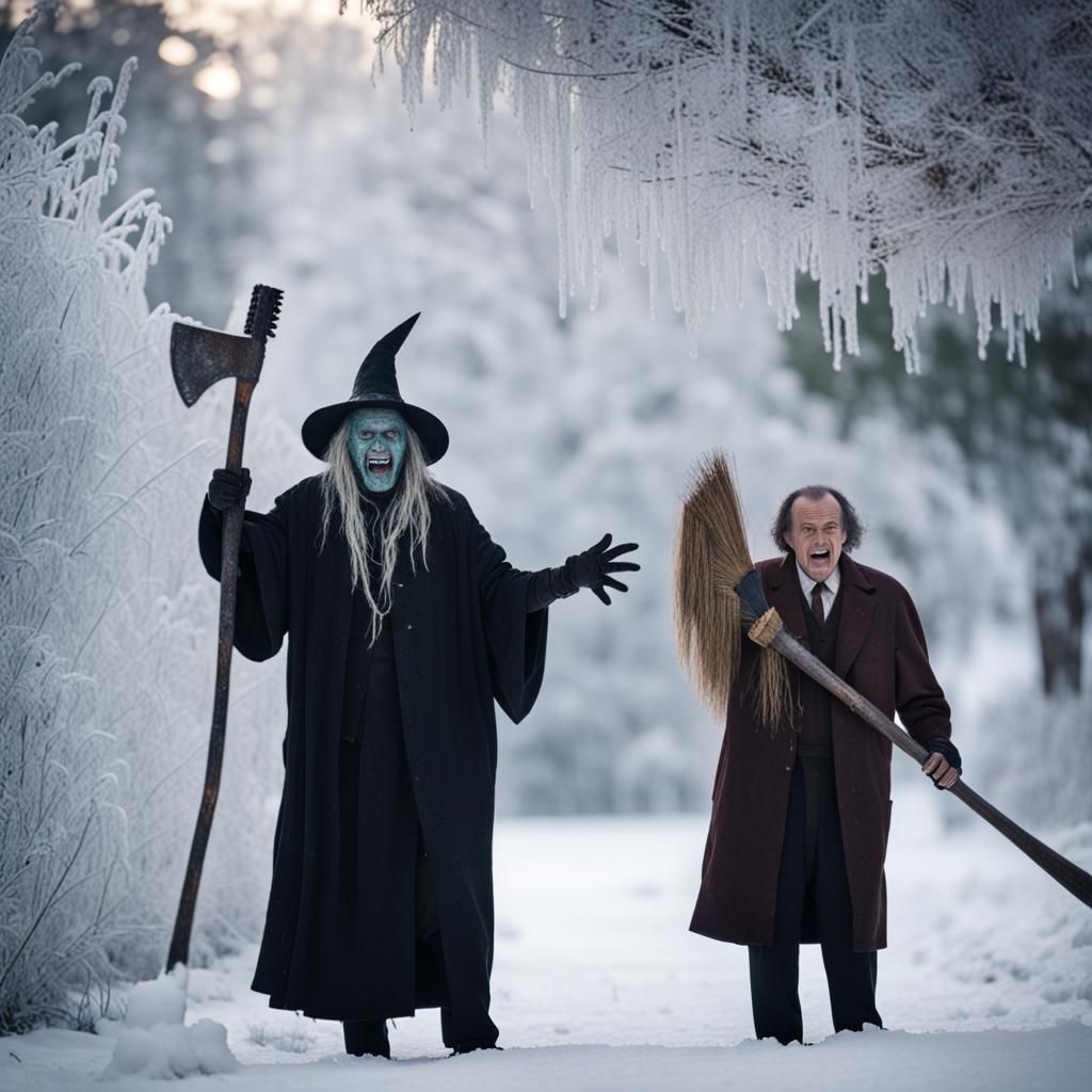 Baba Yaga and Frozen Figure in Winter Horror