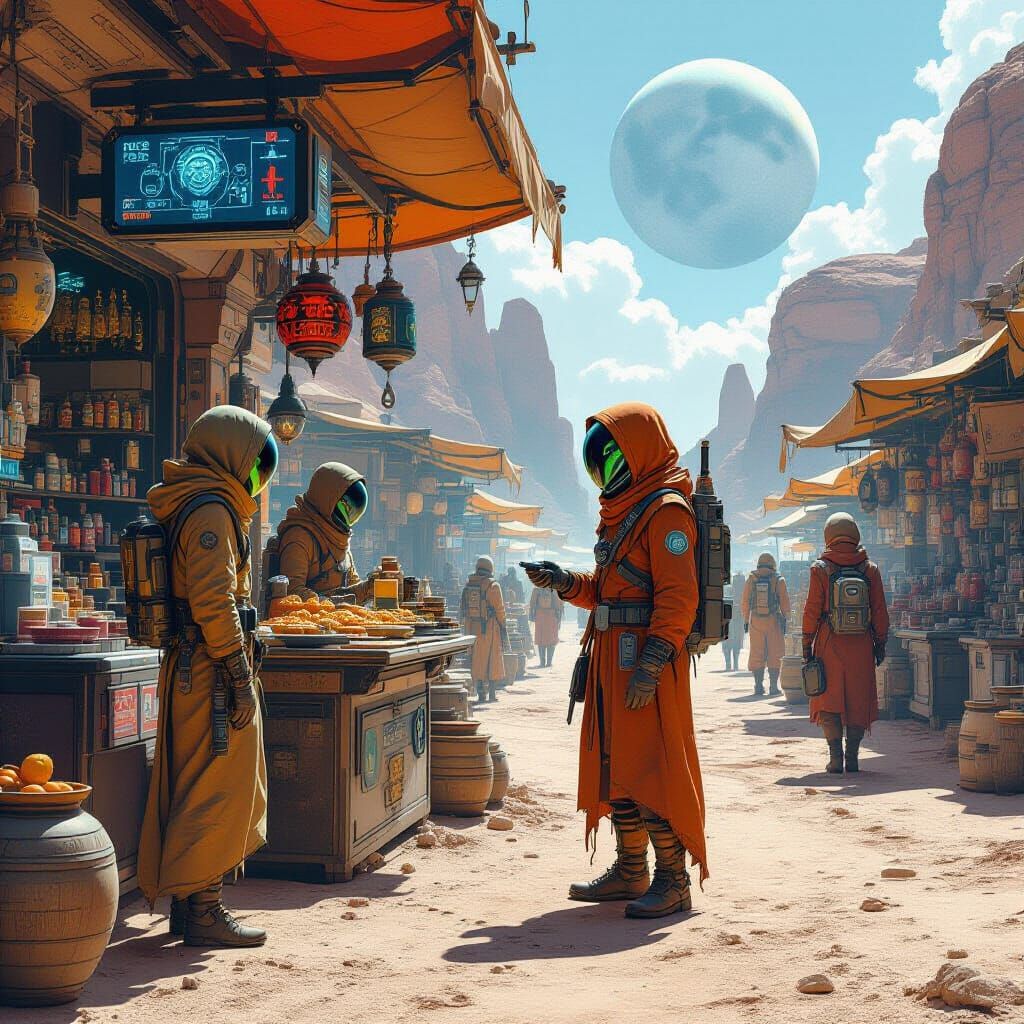 Alien Marketplace on Desert Planet in Futuristic Style