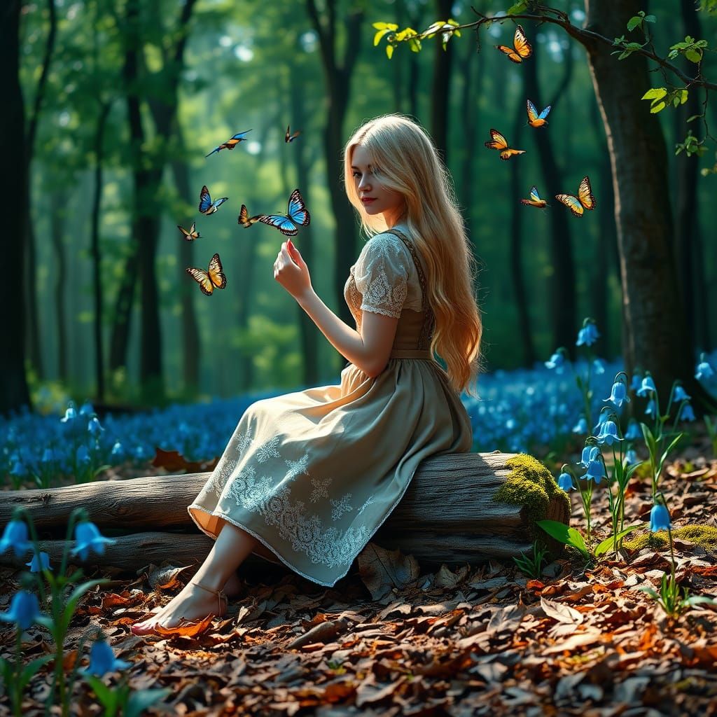 Whimsical Forest Scene with Blonde Maiden in Dirndl