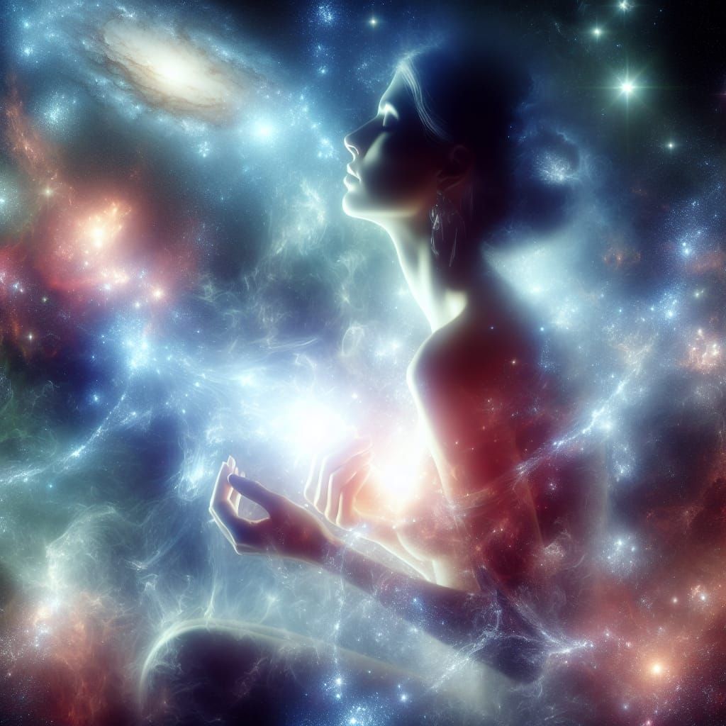 Serene Woman in Quantum Bath Amidst Celestial Light Show