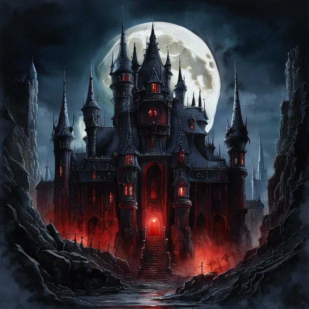 Imposing Dark Obsidian Castle in Watercolor Style