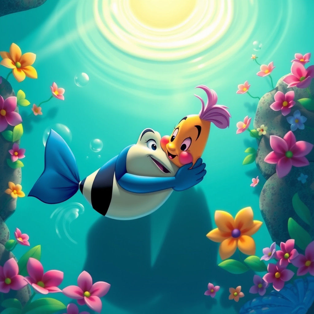 Flounder and Scuttle in a Mary Blair Style Pool