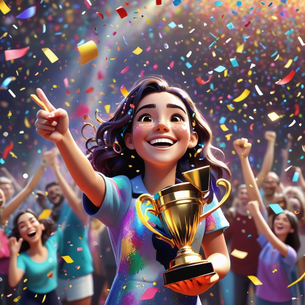 Girl Celebrates Victory in Pixar Style