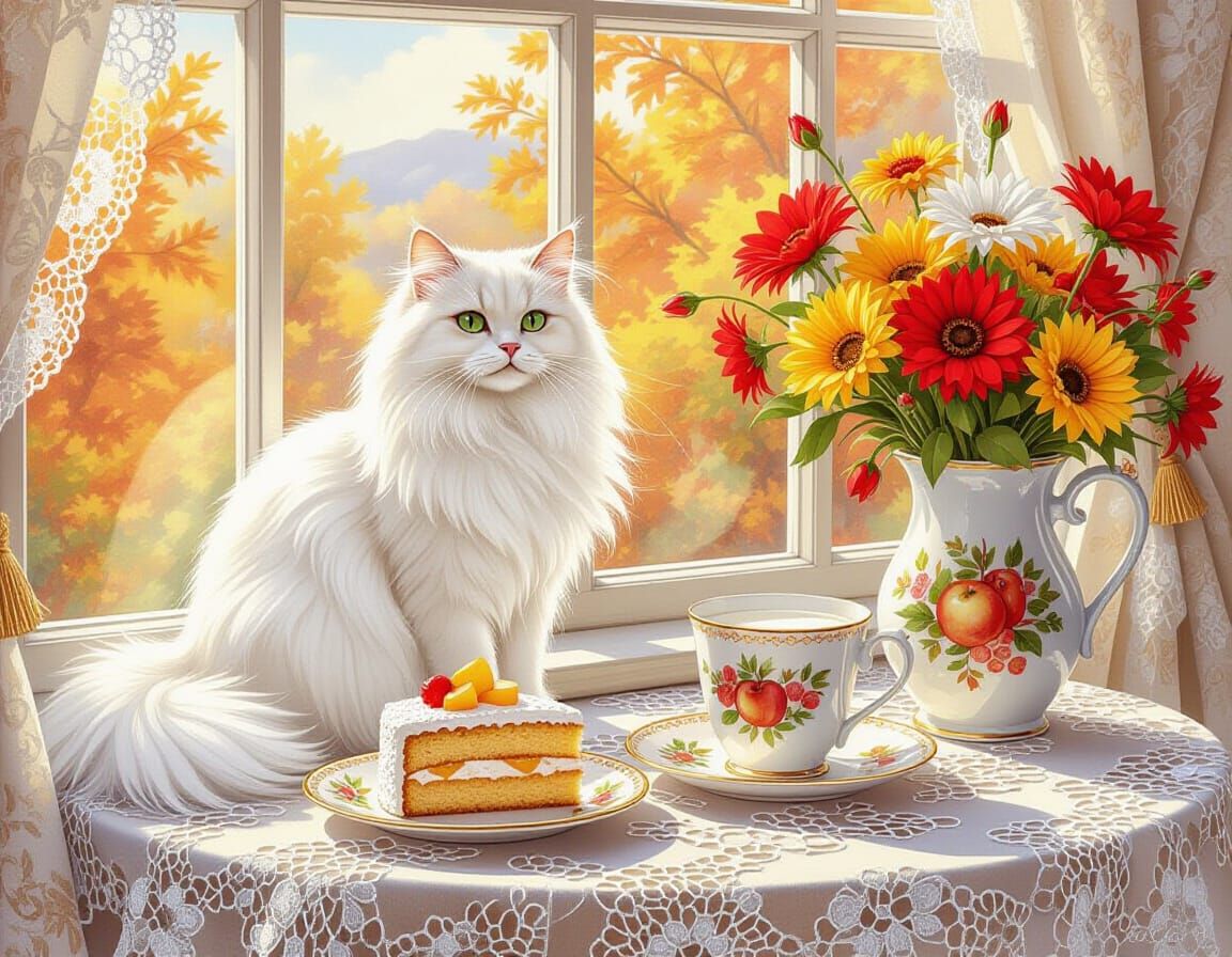 Fluffy White Cat on Lace Window Sill with Charlotte Cake