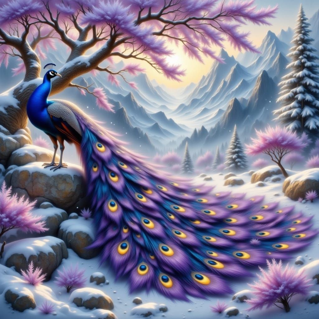 Elegant Purple Peacock in Snowy Mountain Fantasy