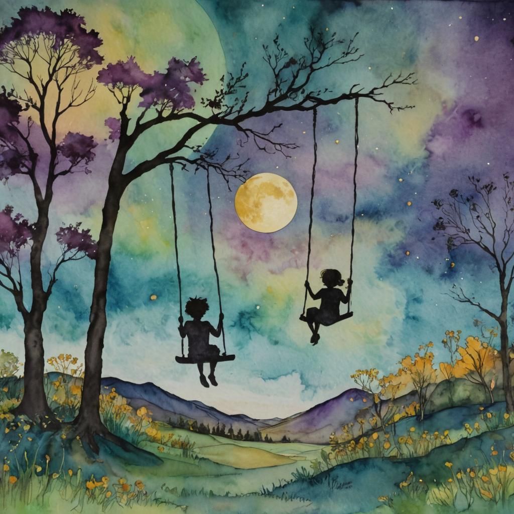 Alcohol Ink Sky with Children on Swingset