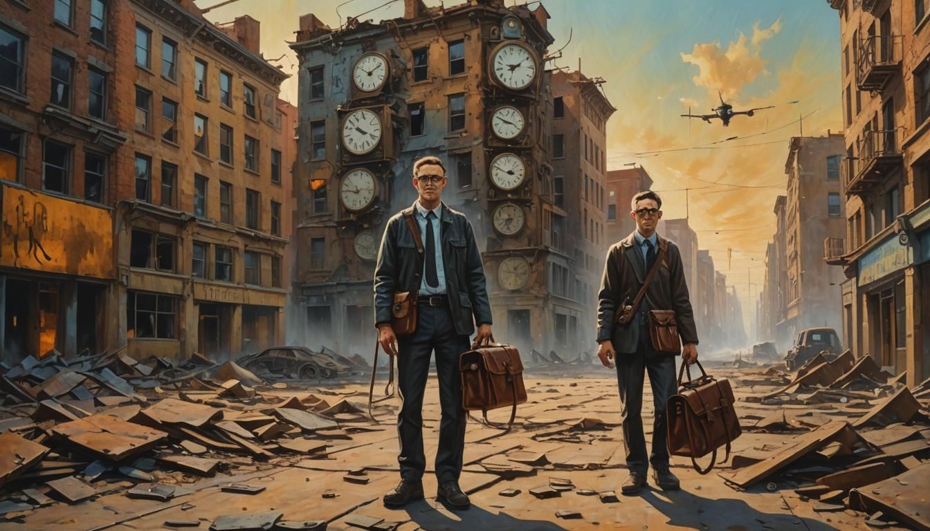 Surreal Cityscape with Melting Clocks: Oil Painting