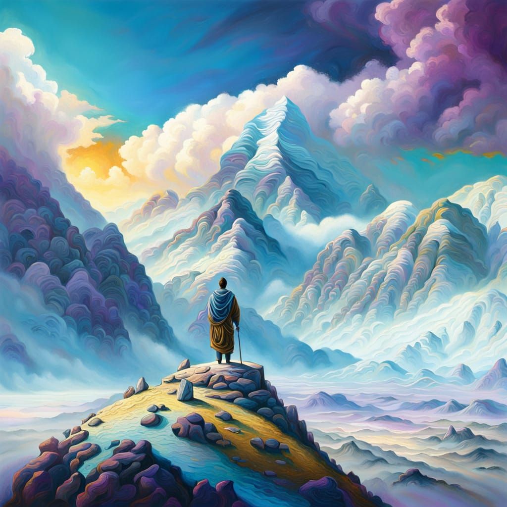 Surrealist Figure in Vibrant Dreamlike Landscape