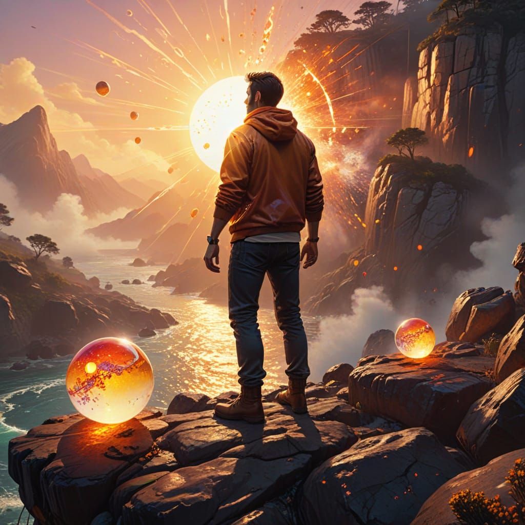 Man on Cliffside Observes Glowing Spheres: Vivid Digital Art