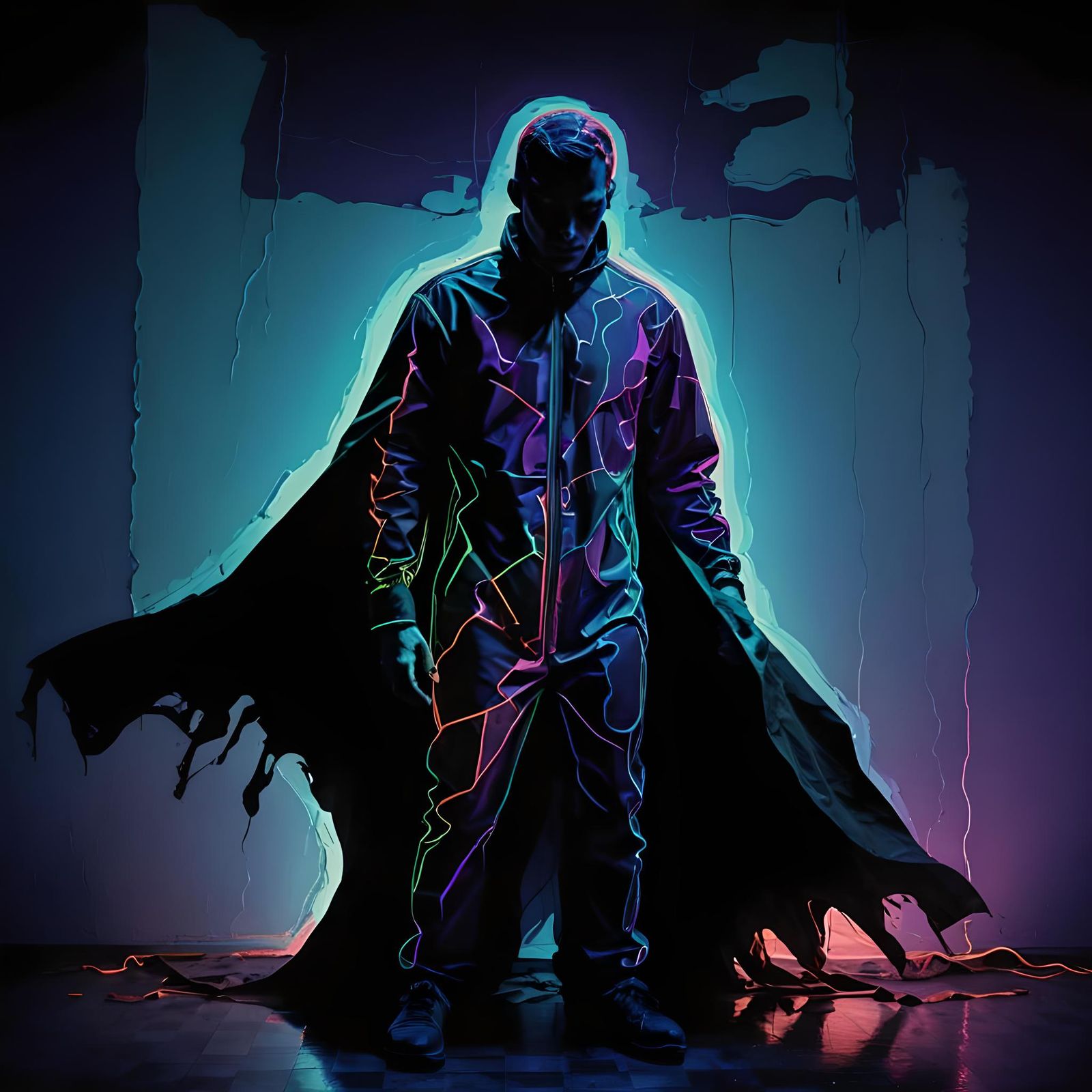 Dark Fantasy Figure in Contrasted Neon Outlines