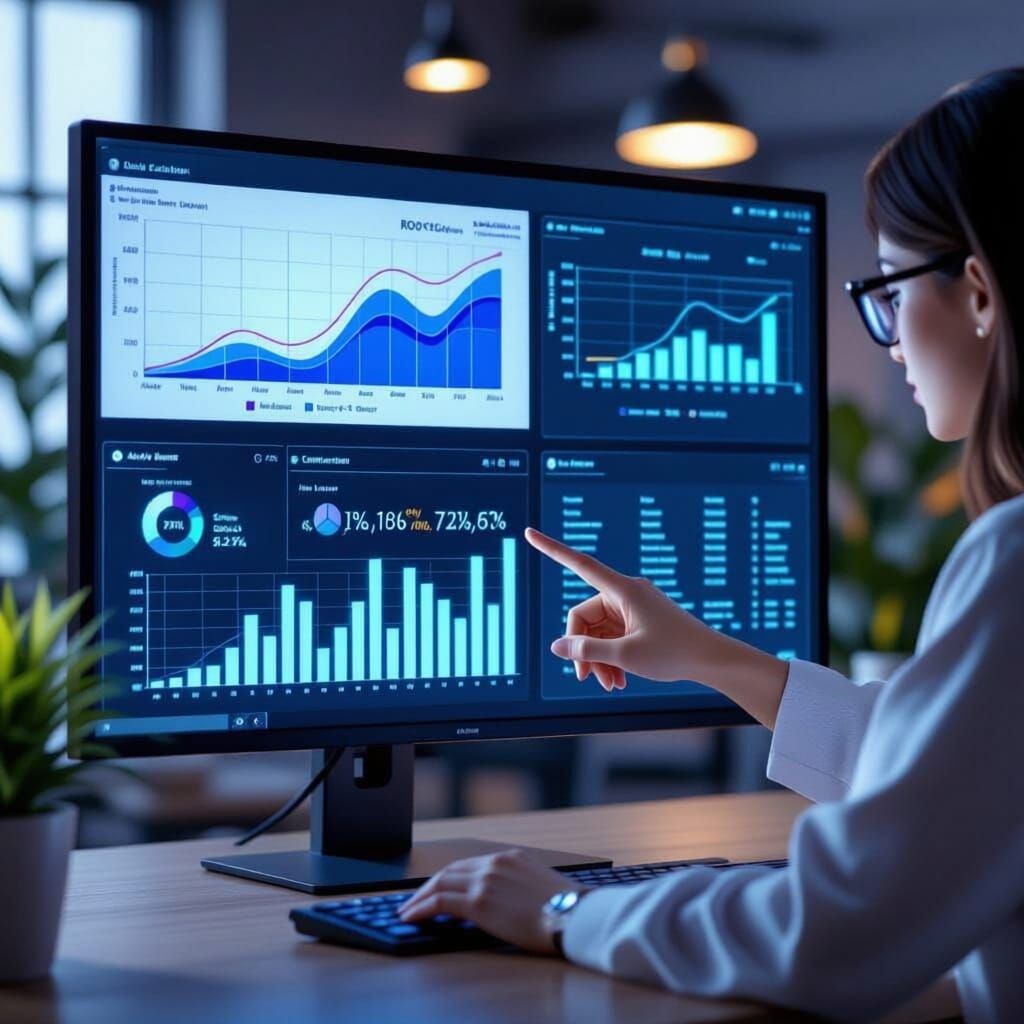 Data Scientist Analyzing Dashboard with Charts in 3D Anime S...