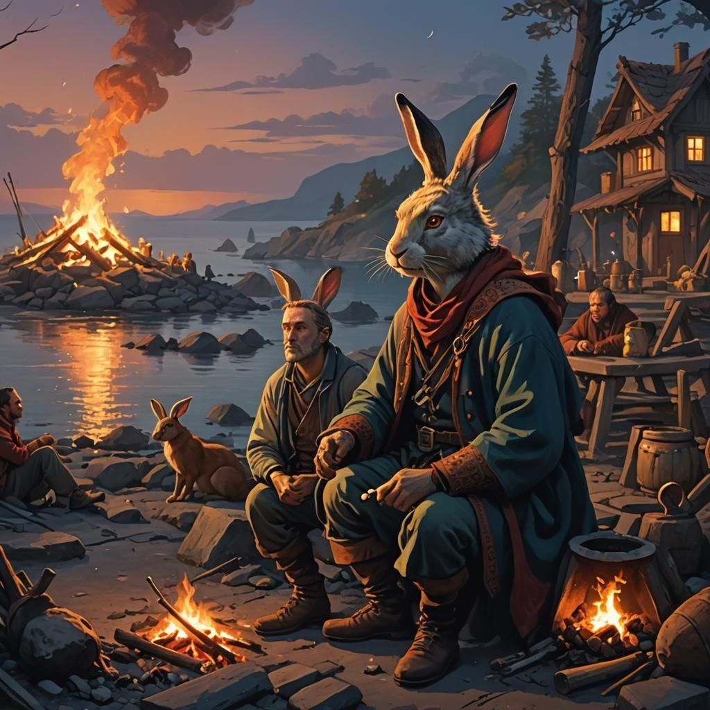 Fantastical Storytelling Scene by Evening Fire
