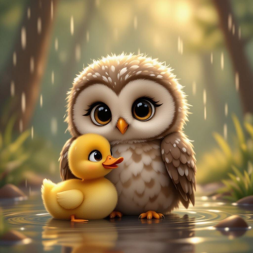 Adorable Owl Protects Duck in Gentle Rain