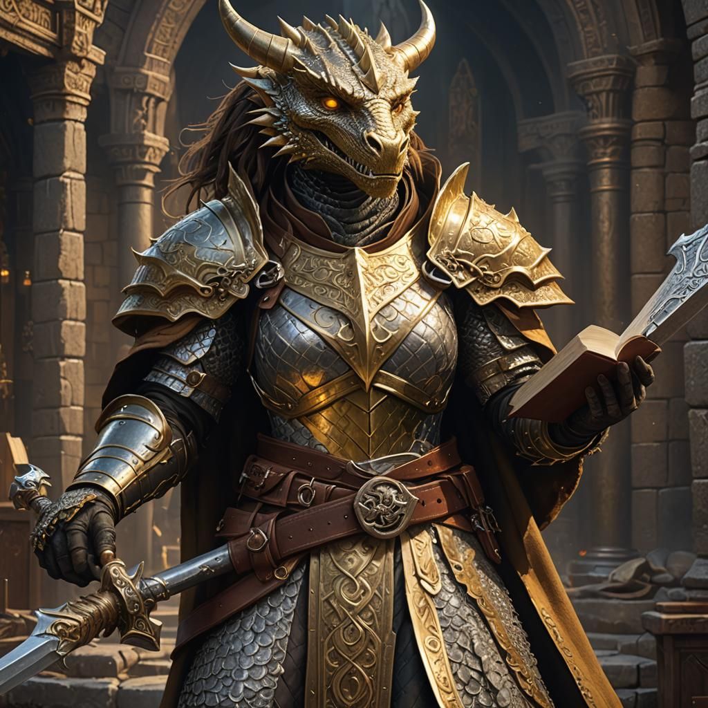 Female Gold Dragonborn in Chainmail, Detailed Matte Painting