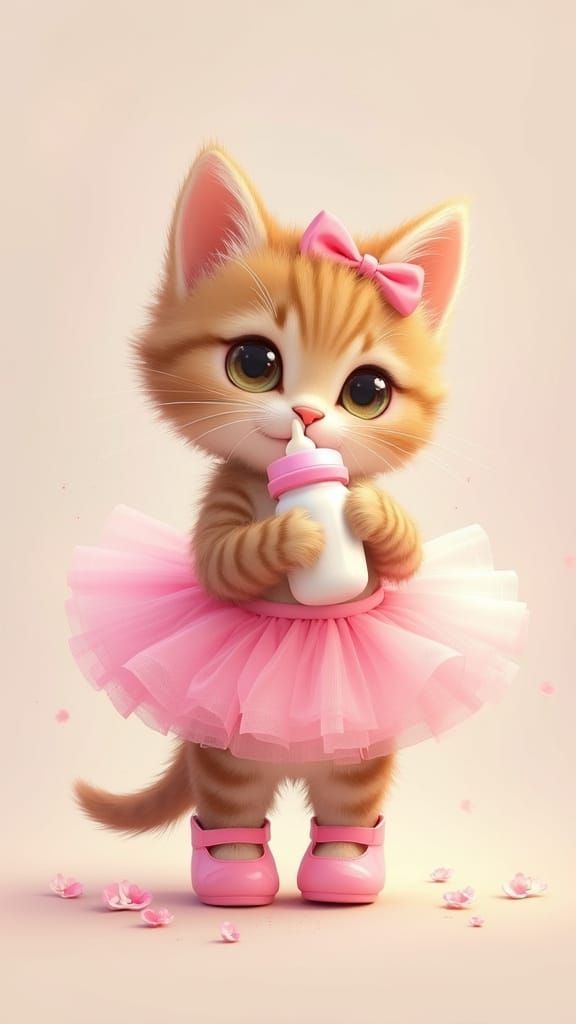 Fluffy Tabby Kitten in Pink Tutu Holding Baby Bottle
