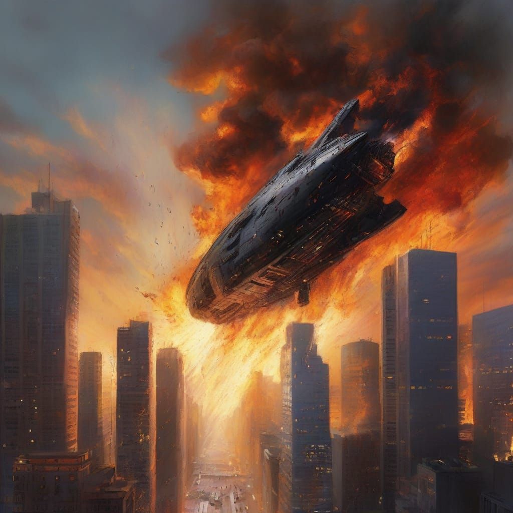 Biomechanical Spaceship Crash in Dystopian Oil Painting