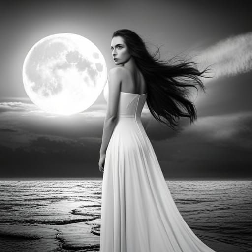 Woman in Dress Watching Full Moon: Black and White Photo