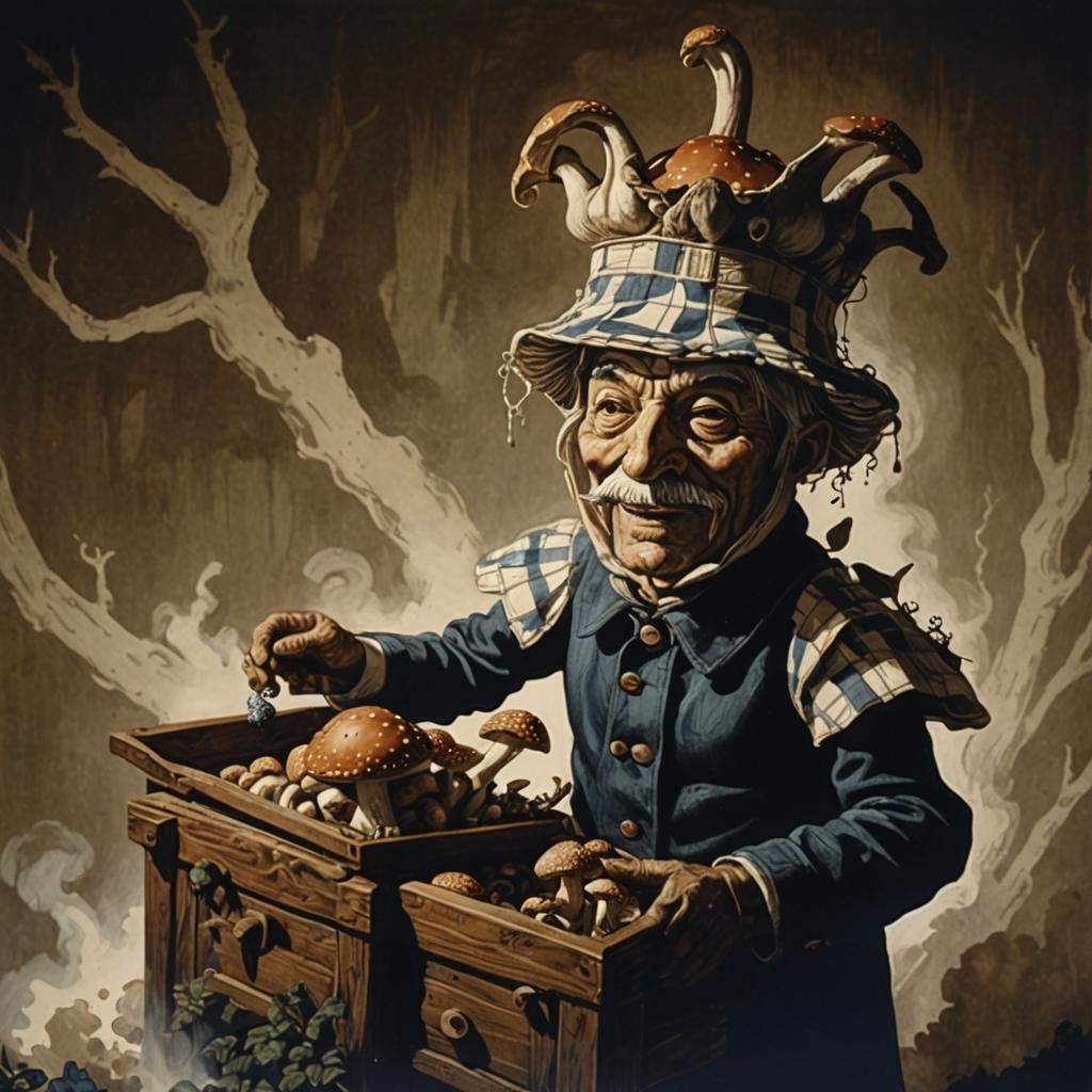 Italian Activists Tending Giant Mushrooms in Linocut Style