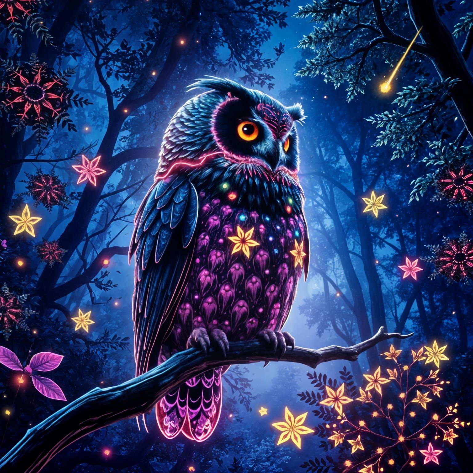Rainbow Filigree Owl in Enchanted Forest