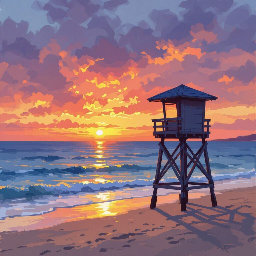 Vibrant Sunset Over Blue Sea With Lifeguard Tower