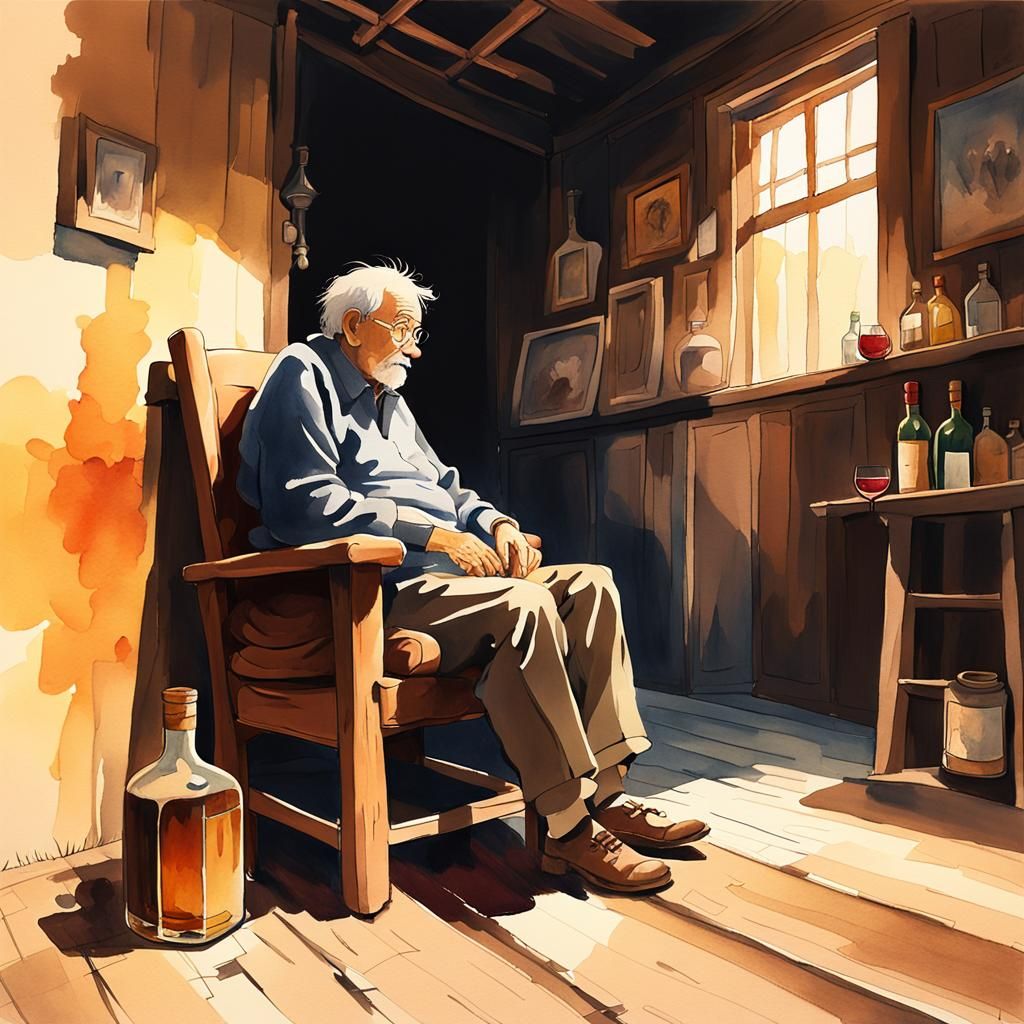 Elderly Man in Run-Down House, Ghibli-Inspired Watercolor