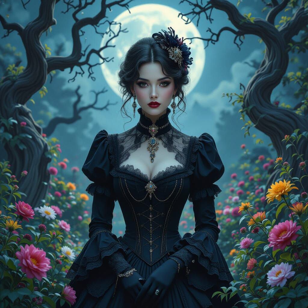 Mysterious Woman in Moonlit Garden