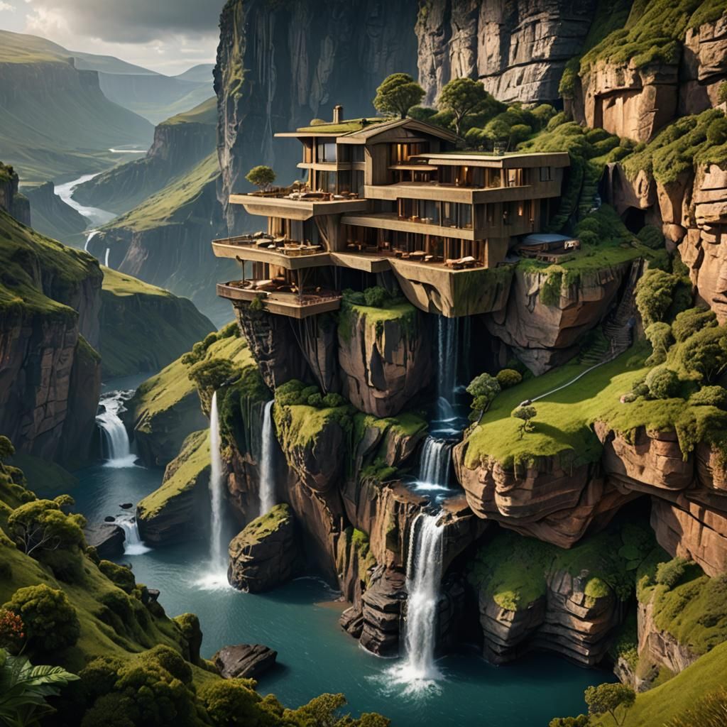 Cliffside House with Waterfall: Impossible Architecture