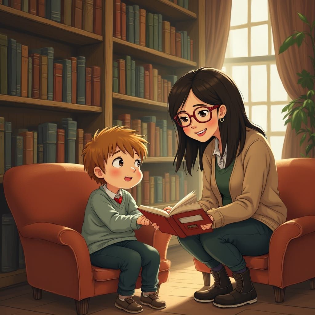 Whimsical Librarian Connects with Curious Student in Cozy Li...